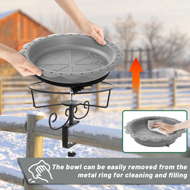 We-buys Heated Bird Baths for Outdoors, 100W Heated Bird Bath for Deck Railing, Heated Birdbath with Thermostat Control, Heated Bird Bath for Outside Winter Garden Patio Yard (Gray) - Image 4